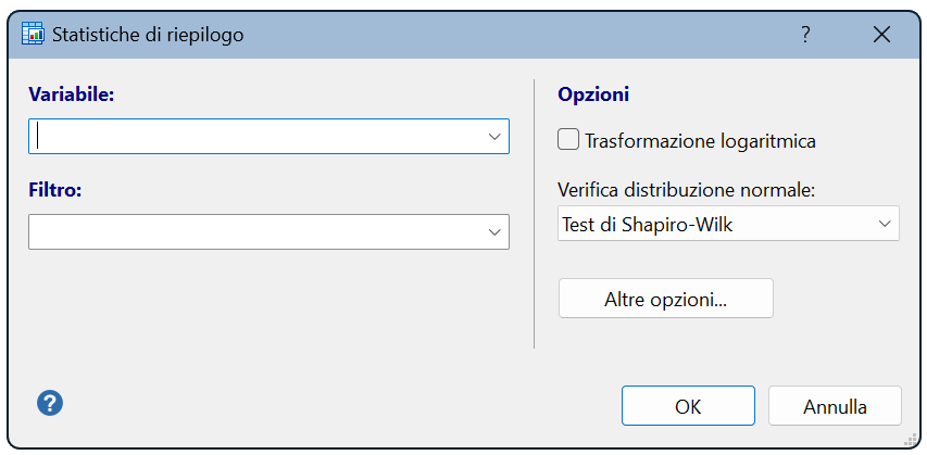 Finestra di dialogo per le statistiche di riepilogo