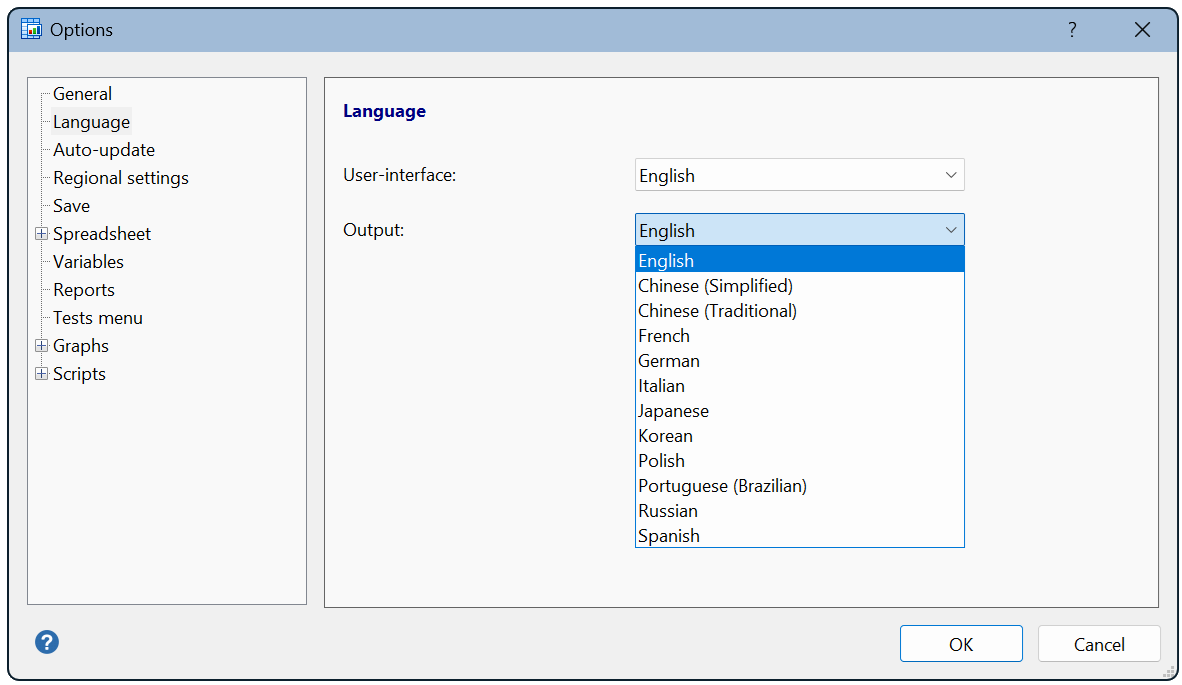 Selezione della lingua in MedCalc